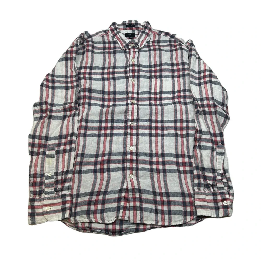 J Crew Linen Shirt Mens‎ Large White Red Black Plaid Slim Fit Long Sleeve